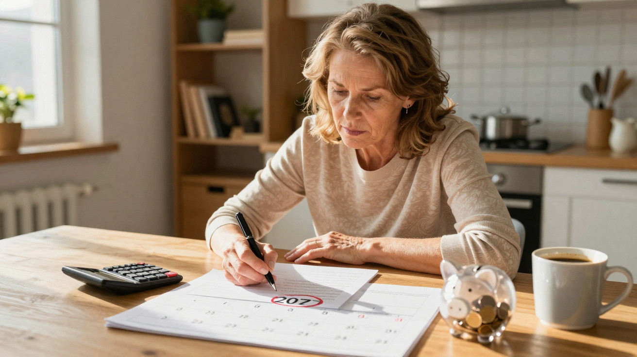 Mulher concentrada assinala data num calendário na cozinha, com calculadora, mealheiro e chá ao lado.