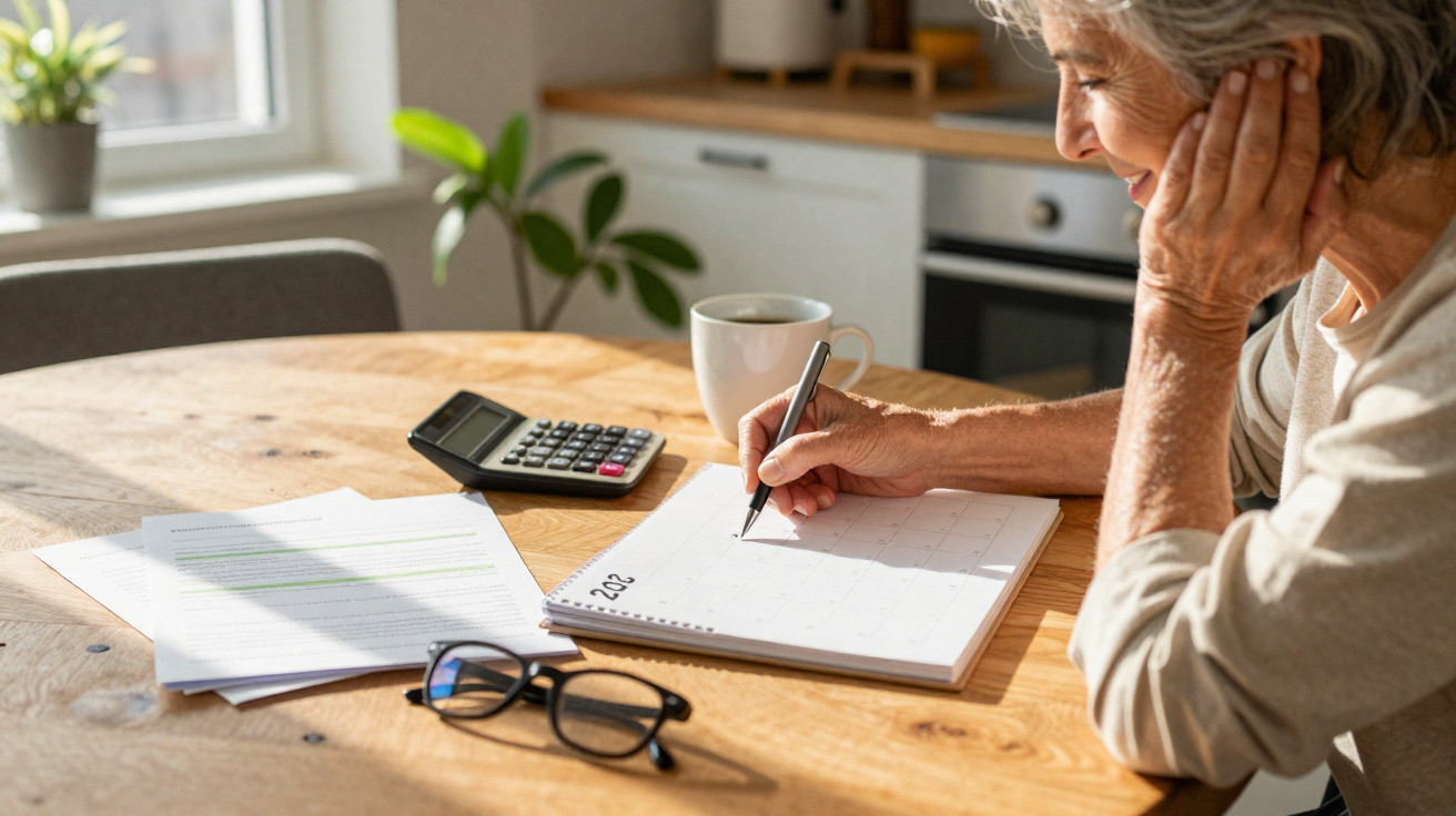 Mulher idosa a escrever num calendário 2023 à mesa com calculadora, papel, óculos e chá.