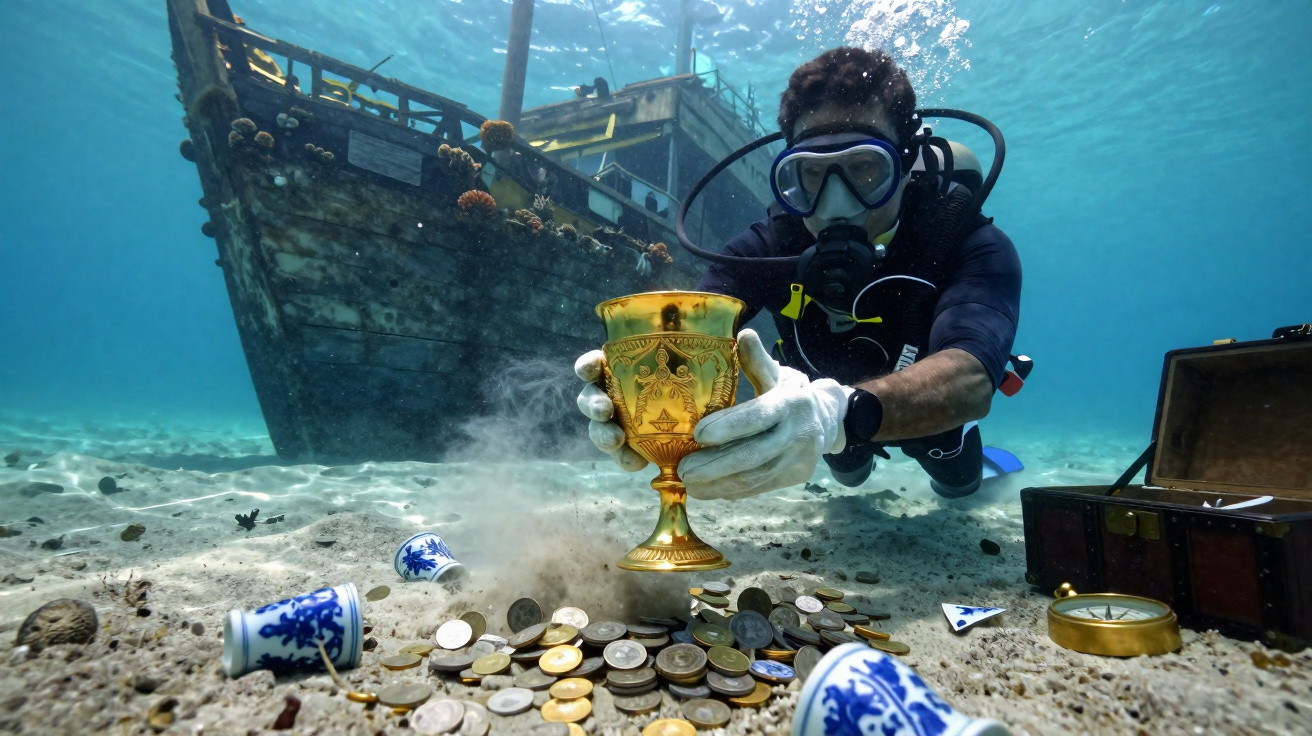 Mergulhador a explorar um navio afundado segurando um cálice dourado rodeado por moedas e jarros no fundo do mar.