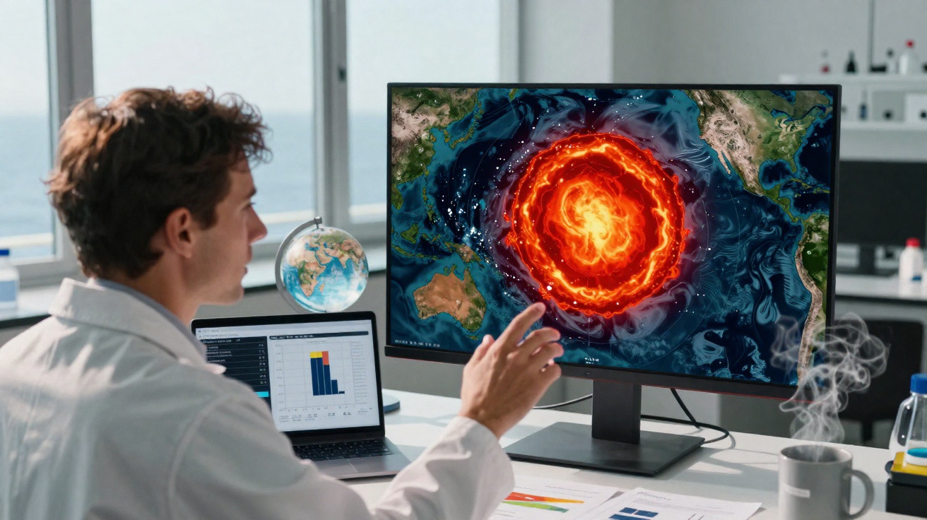 Homem em laboratório analisa no computador imagem de erupção vulcânica no oceano Pacífico.