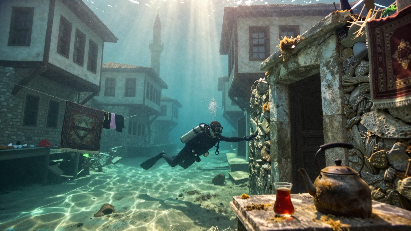 Mergulhador explora aldeia submersa com casas em pedra e luz do sol filtrando a água cristalina.