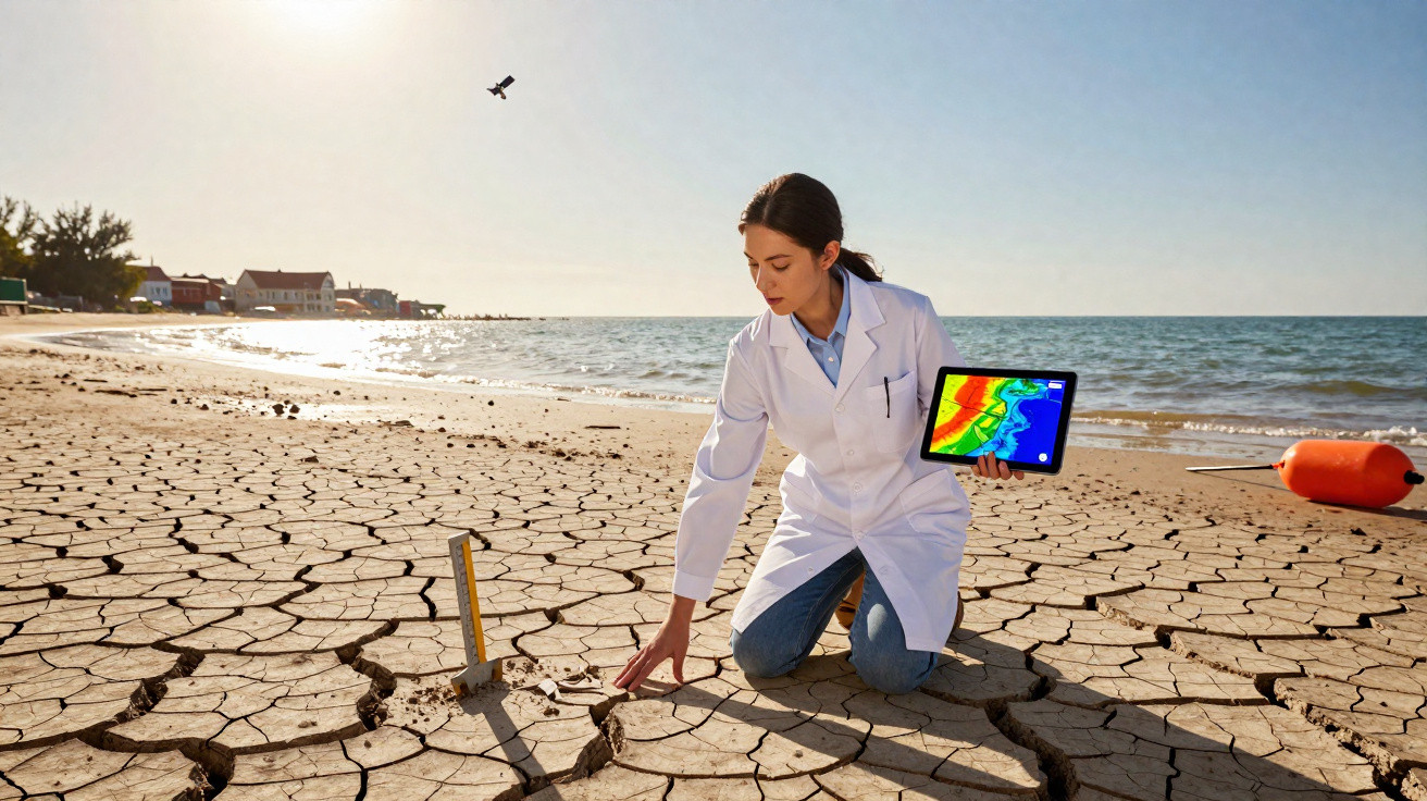 Mulher cientista analisa chão seco e rachado numa praia, segurando tablet com mapa térmico colorido.
