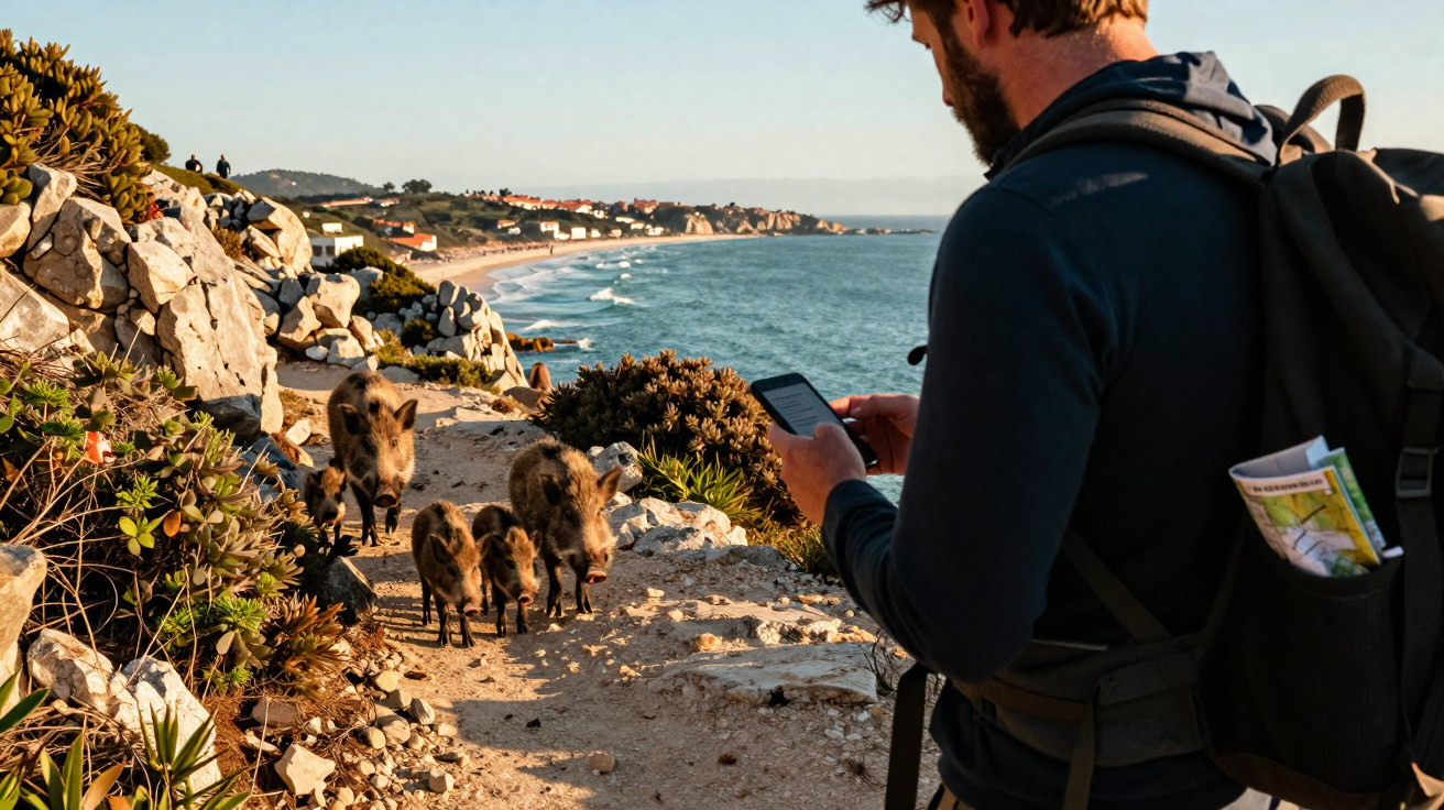 Homem com mochila observa grupo de javalis num trilho costeiro rochoso perto do mar ao pôr do sol.