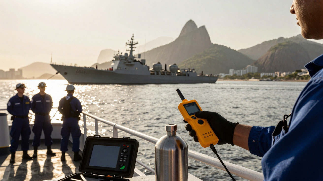 Marinha com militares a bordo de barco, um com radio na mão, e navio de guerra próximo das montanhas ao fundo.