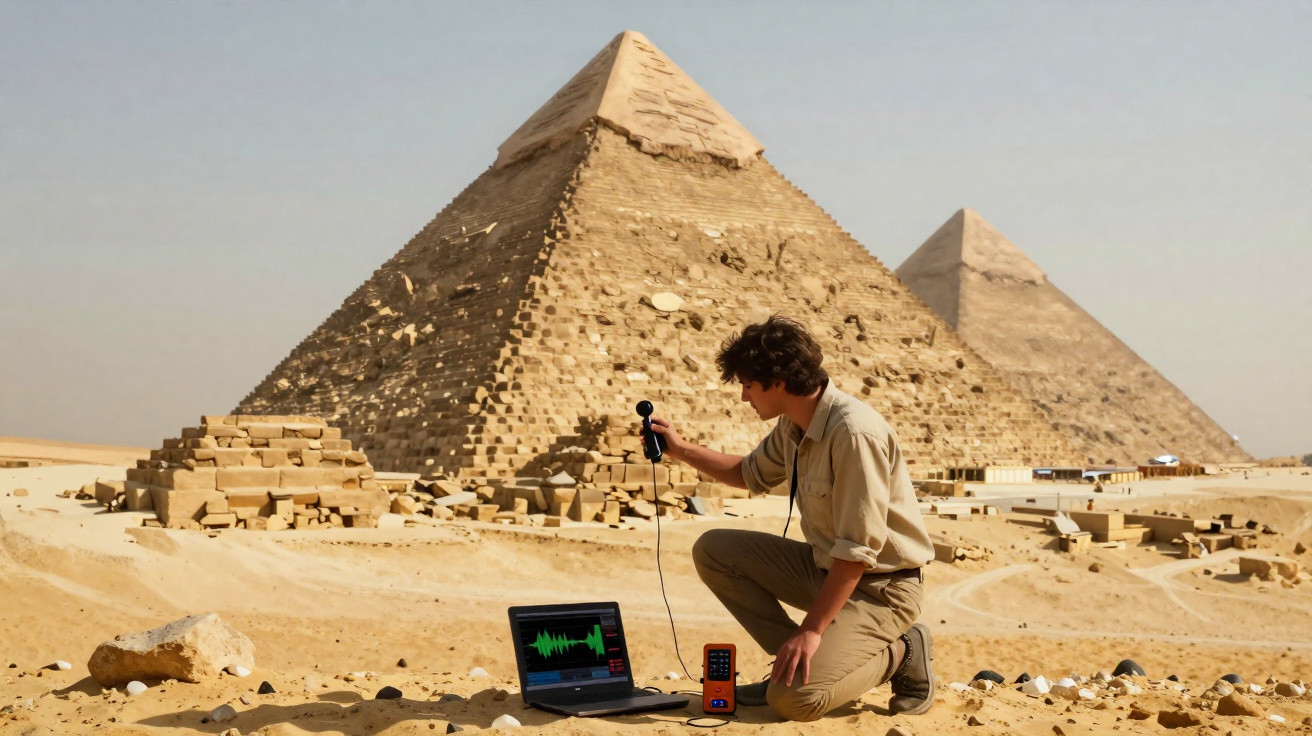 Homem a analisar ondas sonoras com equipamento perto das pirâmides do Egito no deserto.