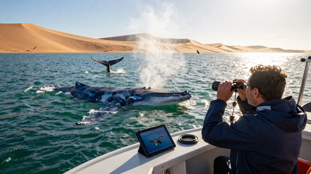 Homem numa embarcação observa baleia azul com binóculos, num mar junto a dunas arenosas.