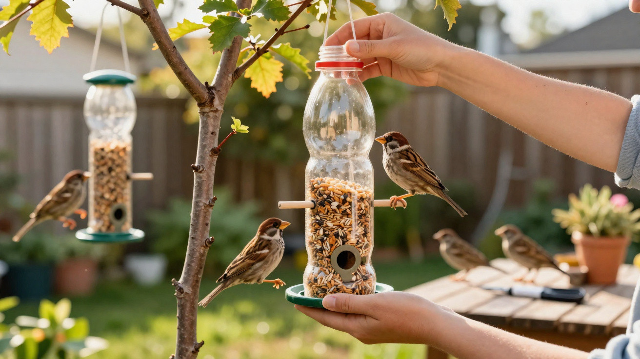 Mãos a segurar comedouro para pássaros feito com garrafa plástica, com pardais a alimentar-se num jardim.
