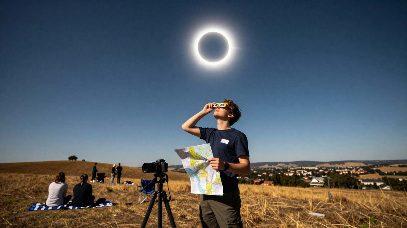 Pessoa com óculos especiais observa eclipse solar ao ar livre, segurando mapa, com tripé e câmera no campo seco.