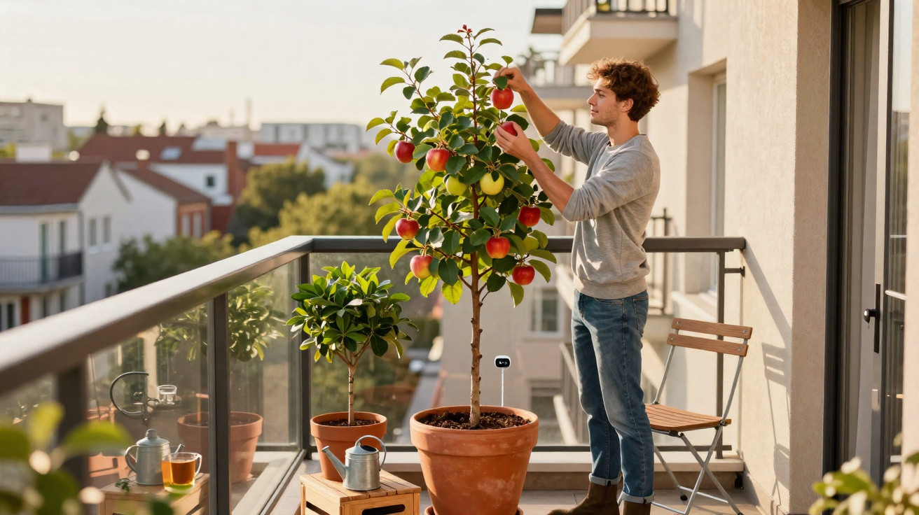Homem colhendo maçãs num vaso grande numa varanda com outras plantas e vista urbana ao fundo.
