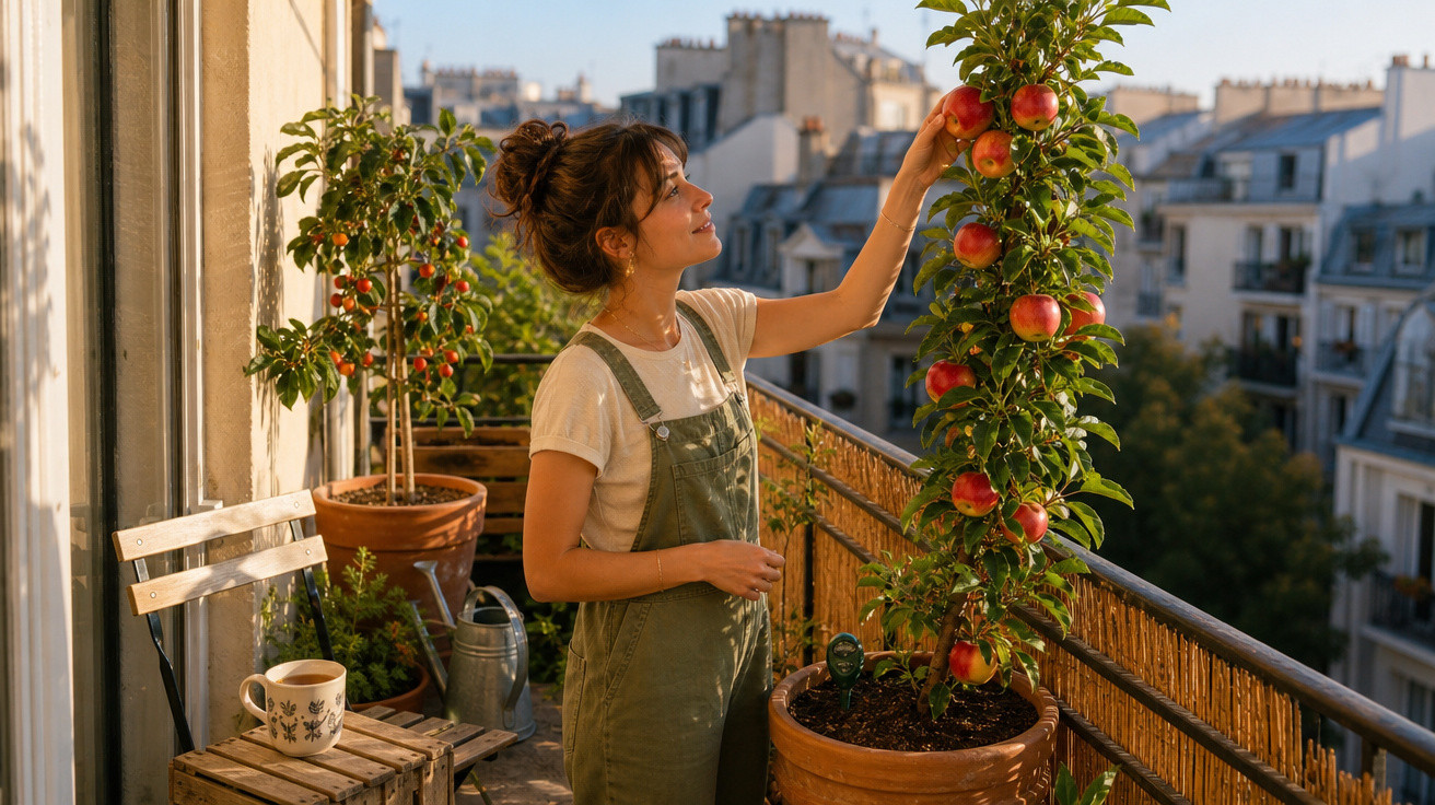 Mulher a colher maçãs em vaso num terraço urbano com edifícios ao fundo ao entardecer.