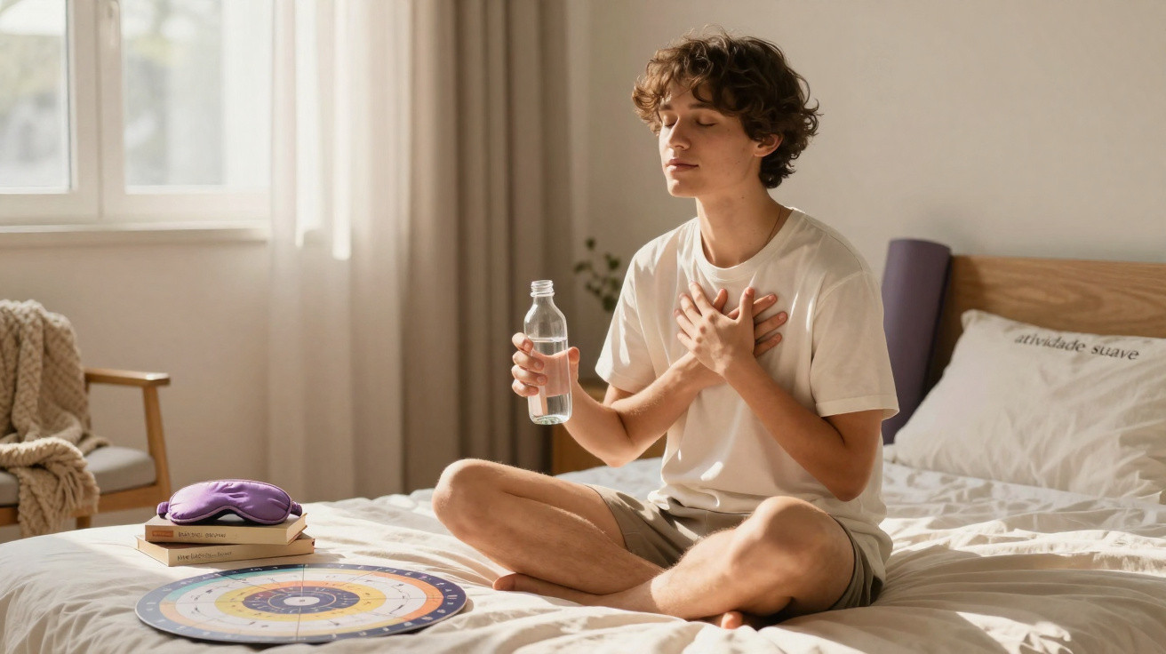 Pessoa sentada em posição de meditação na cama, segurando uma garrafa de água com os olhos fechados.