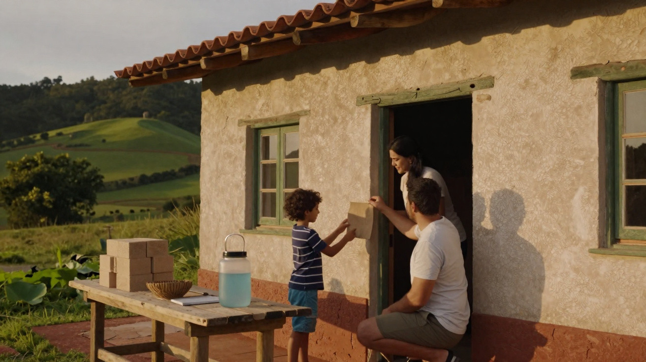 Família entrega pacote numa casa rústica rodeada por campos verdes ao pôr do sol.