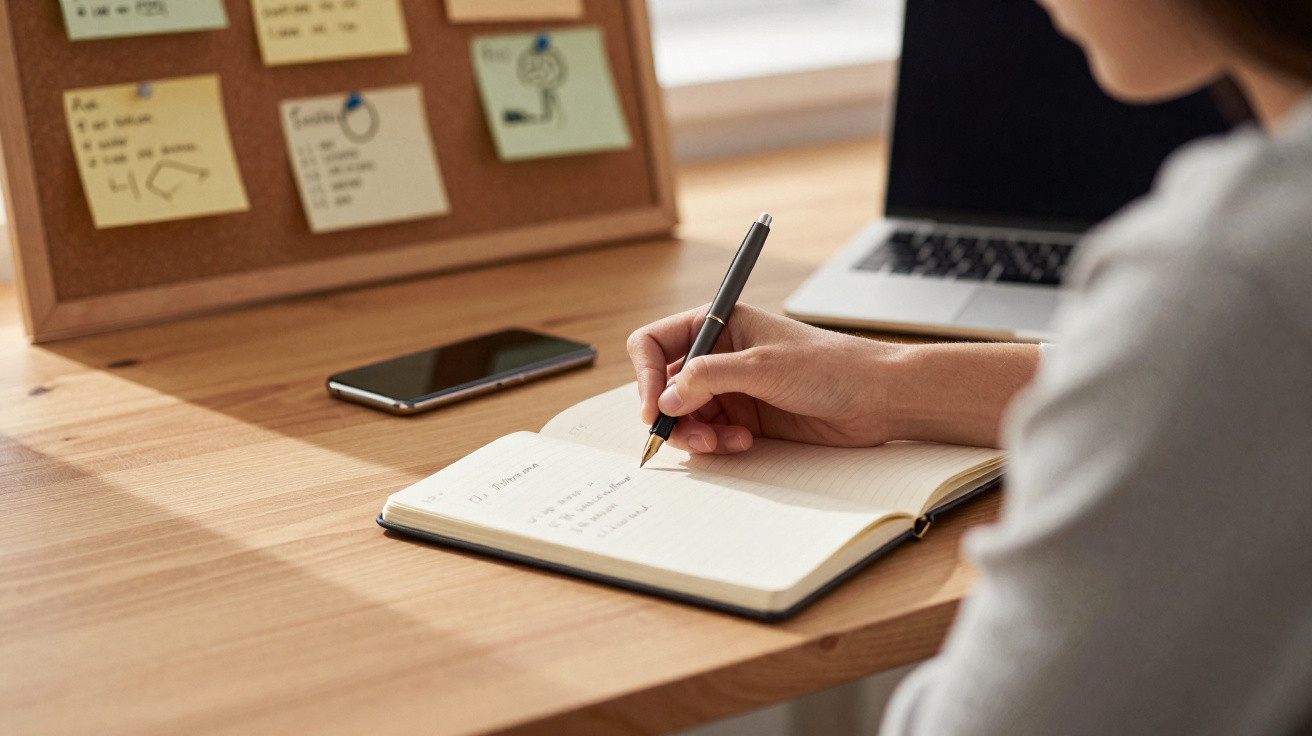 Pessoa a escrever num caderno numa secretária com telemóvel, computador portátil e quadro de notas ao fundo.