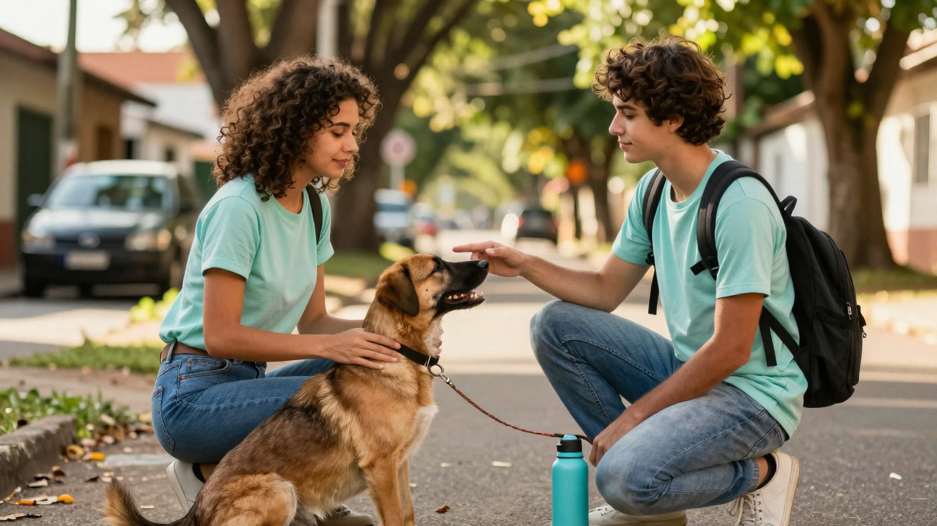 Dois jovens com t-shirt verde interagem e acariciam um cão castanho numa rua com árvores ao fundo.