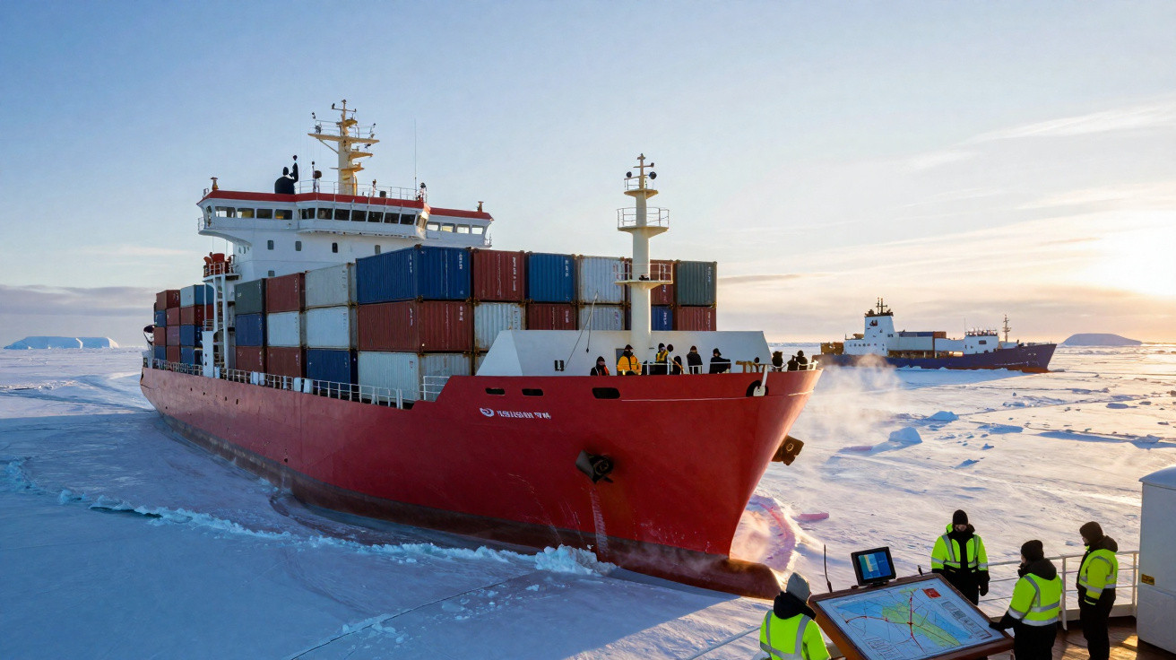 Navio mercante vermelho a atravessar gelo na Antártida com tripulação a observar e monitorizar operação.