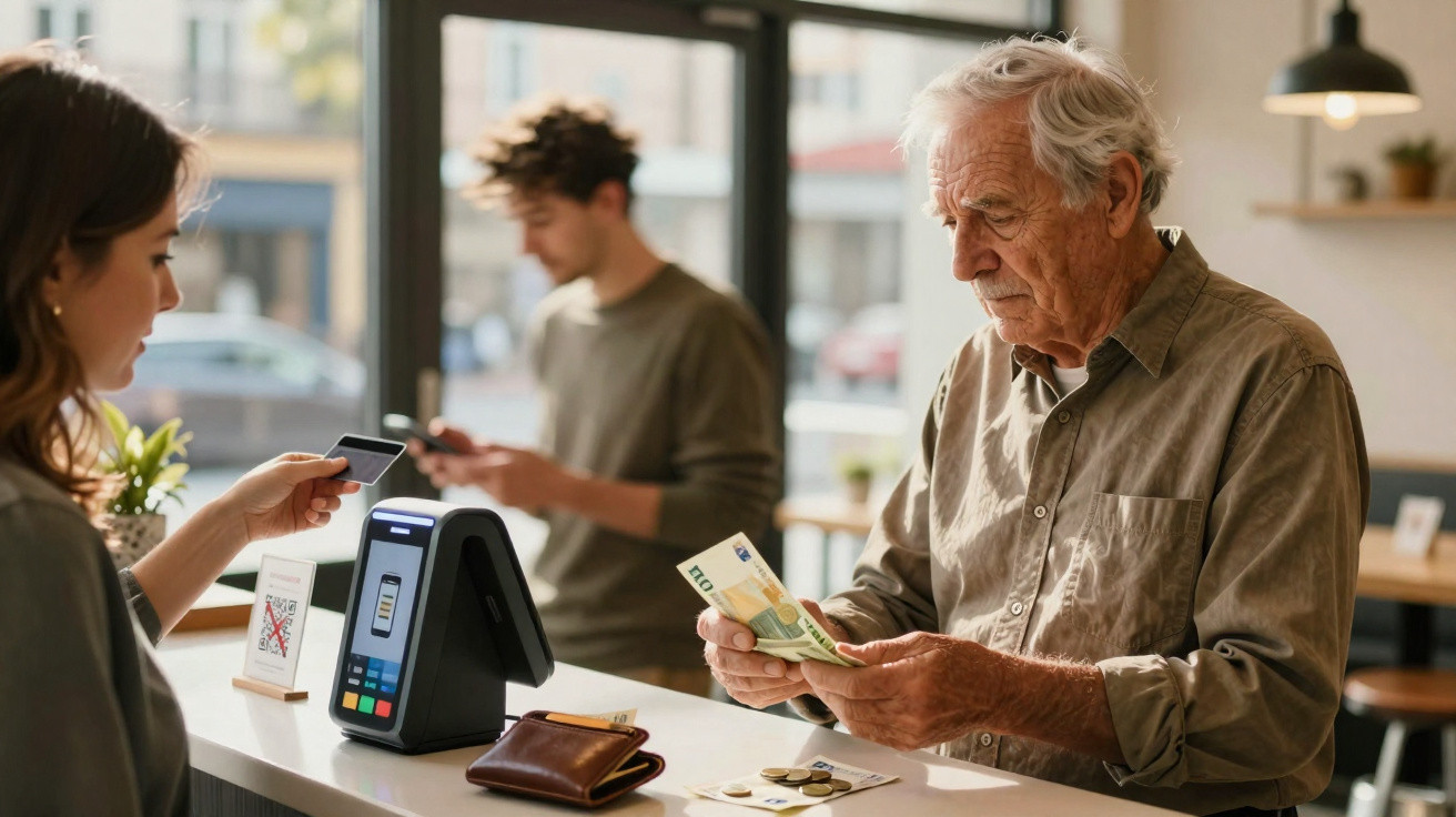 Homem idoso conta dinheiro em café enquanto jovem prepara pagamento com cartão contactless.