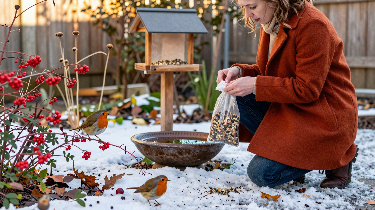 Mulher a alimentar pardais no jardim com neve, perto de comedouro e bacia de água.