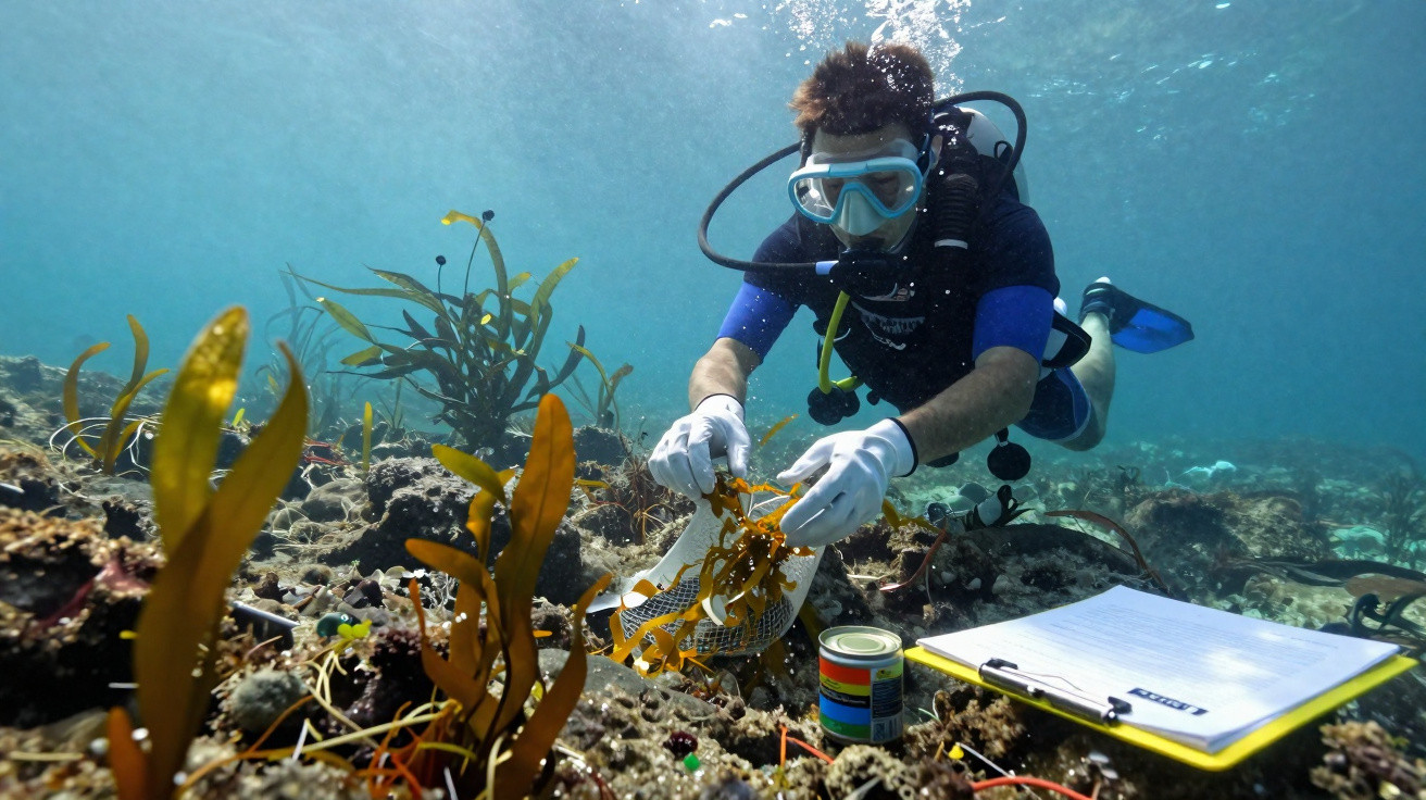 Mergulhador a recolher amostras de algas marinhas num fundo rochoso subaquático com documentos ao lado.