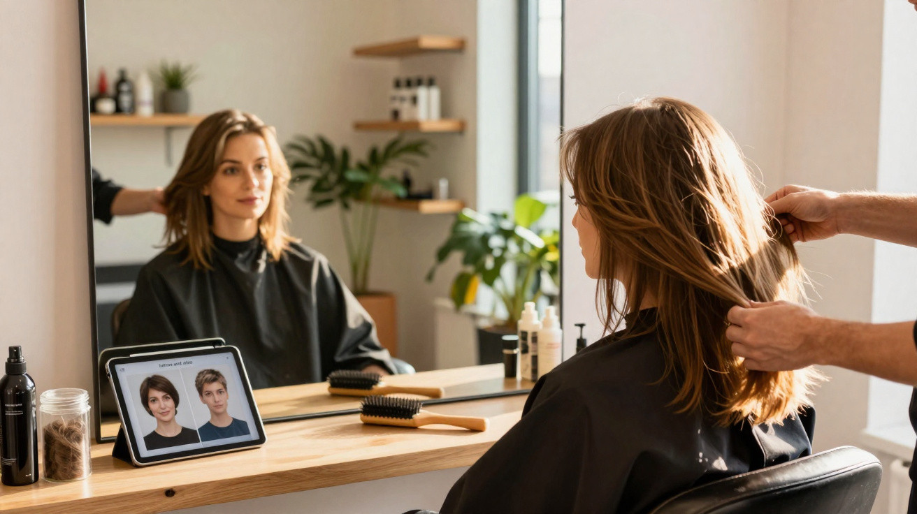 Mulher a experimentar corte de cabelo num salão, sentada em frente a um espelho com imagens de cortes num tablet.