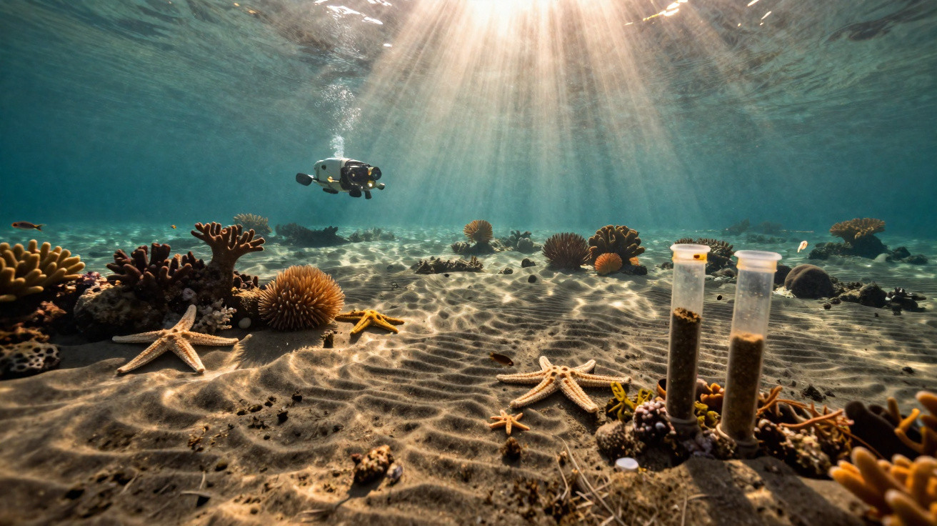 Fundo marinho com estrelas-do-mar, corais, tubos de ensaio e um robô subaquático sob a luz solar.