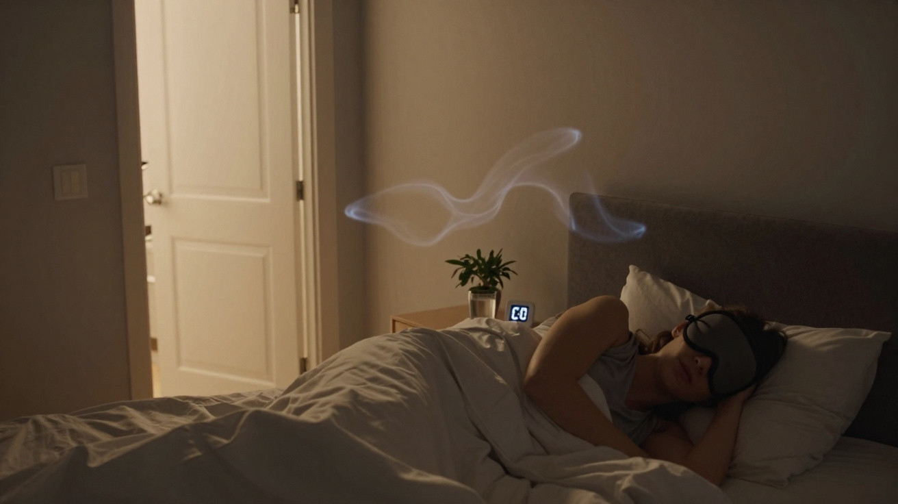 Pessoa a dormir numa cama com máscara de sono, ao lado de uma planta e um despertador digital, num quarto escuro.