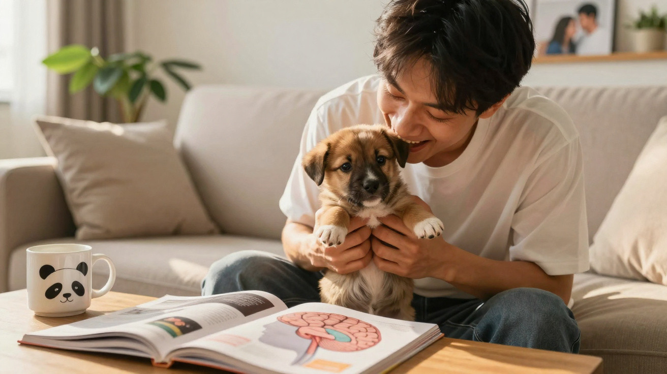 Jovem sentado no sofá a segurar um cachorro enquanto lê um livro aberto sobre cérebro na mesa.