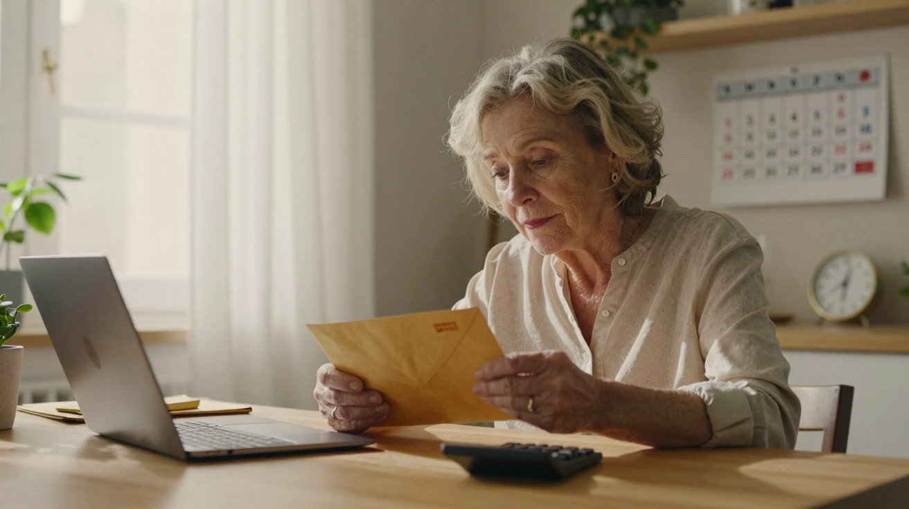 Mulher idosa a ler uma carta sentada numa mesa com computador portátil e calculadora.