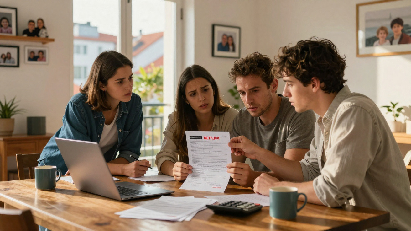 Quatro jovens sentados à mesa a analisar documentos com expressão preocupada numa sala iluminada.