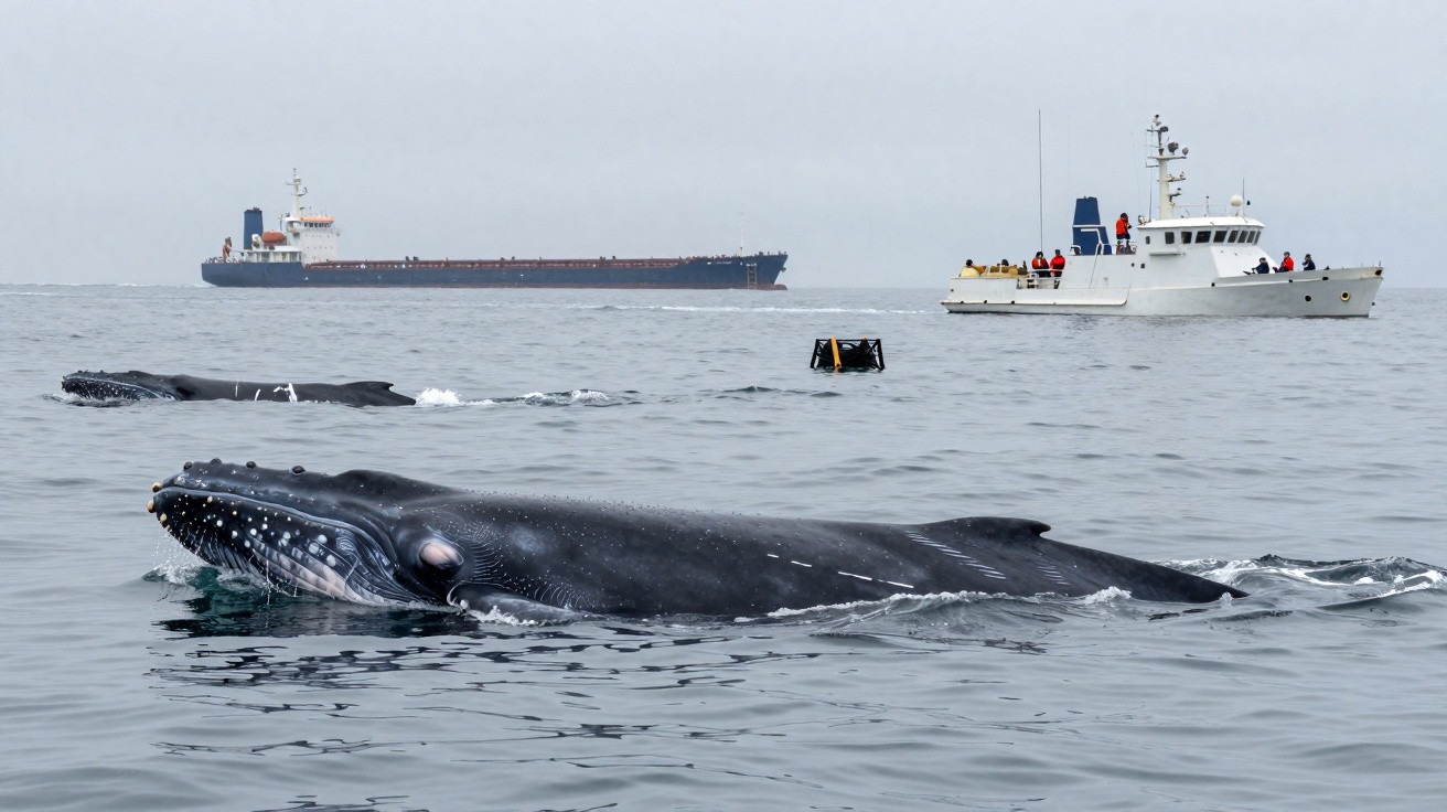 Baleias-jubarte a nadar perto da superfície junto a navios em mar calmo e céu nublado.