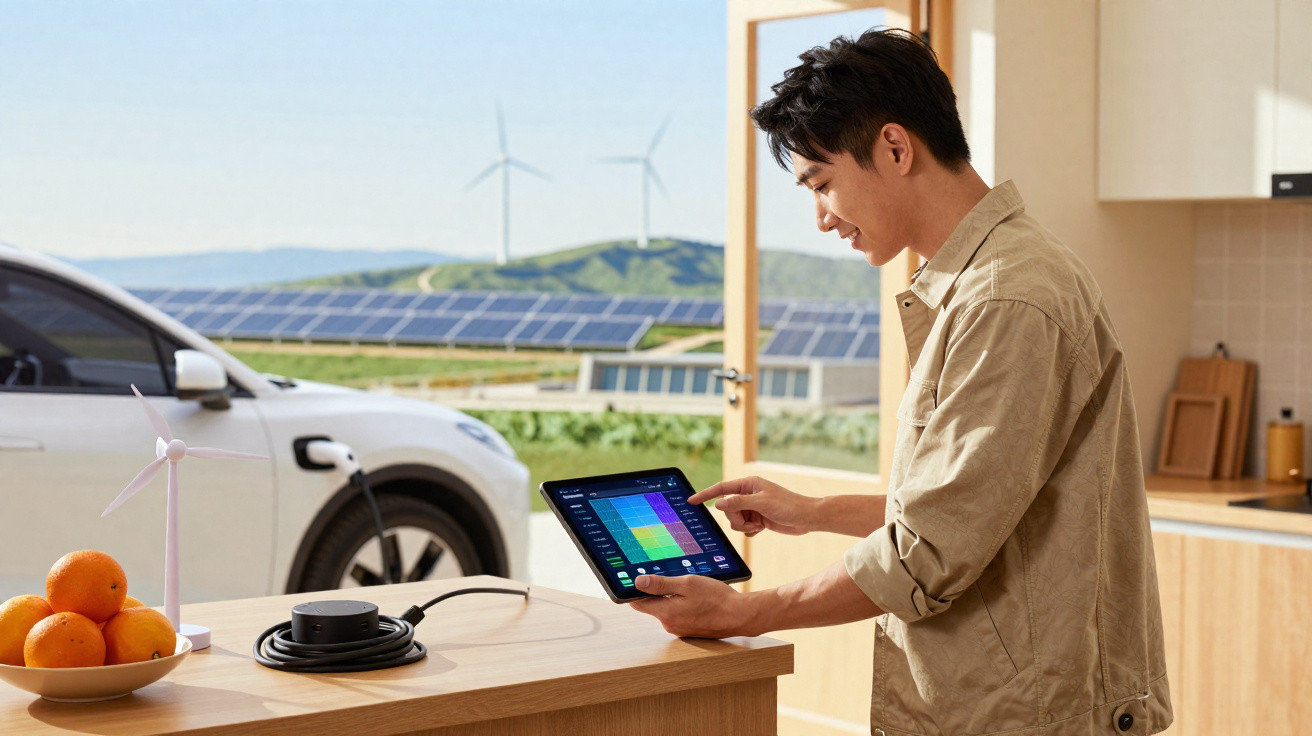 Homem utiliza tablet em cozinha com carro elétrico a carregar e painéis solares e turbinas eólicas ao fundo.