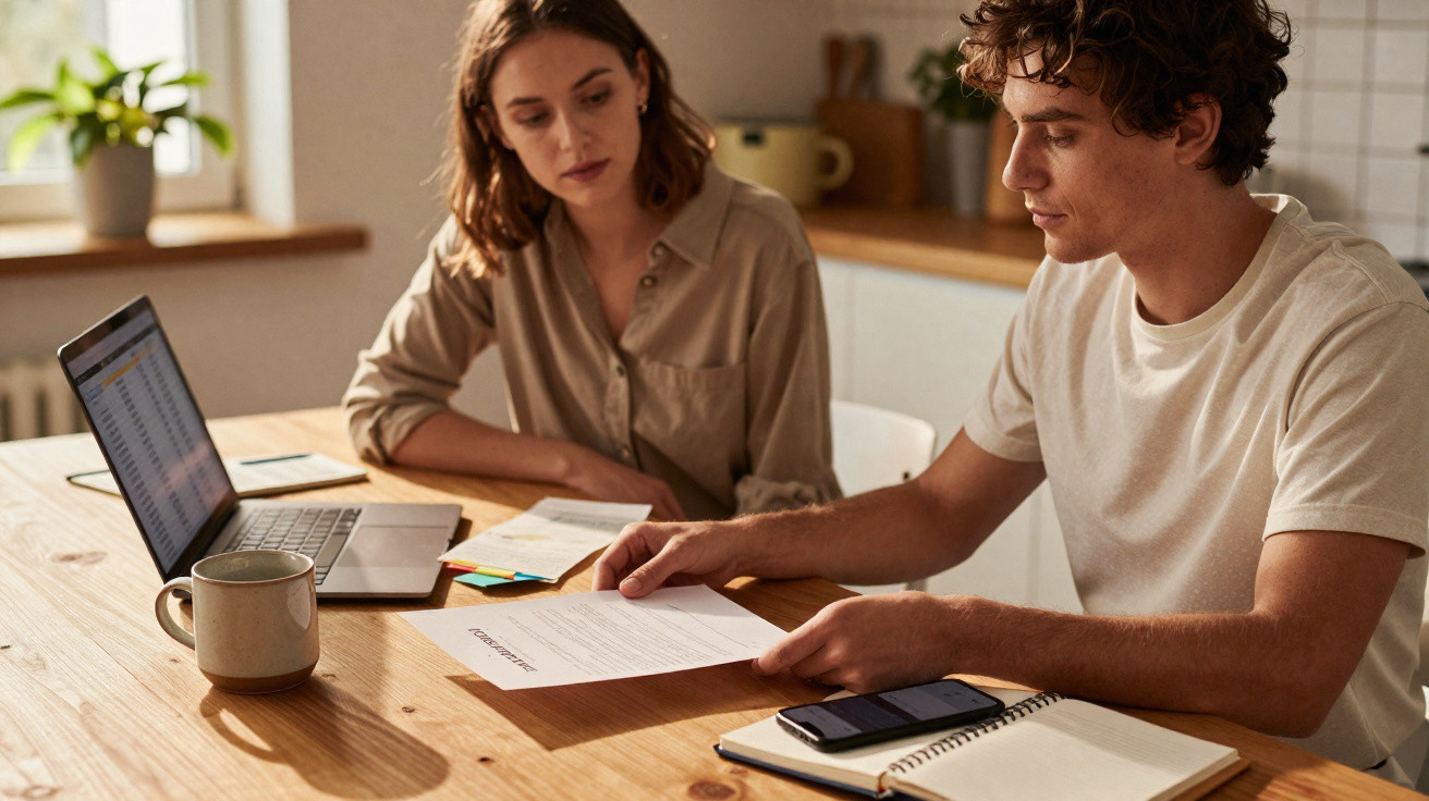Homem e mulher sentados a uma mesa a analisar documentos com computador e telemóvel à frente.
