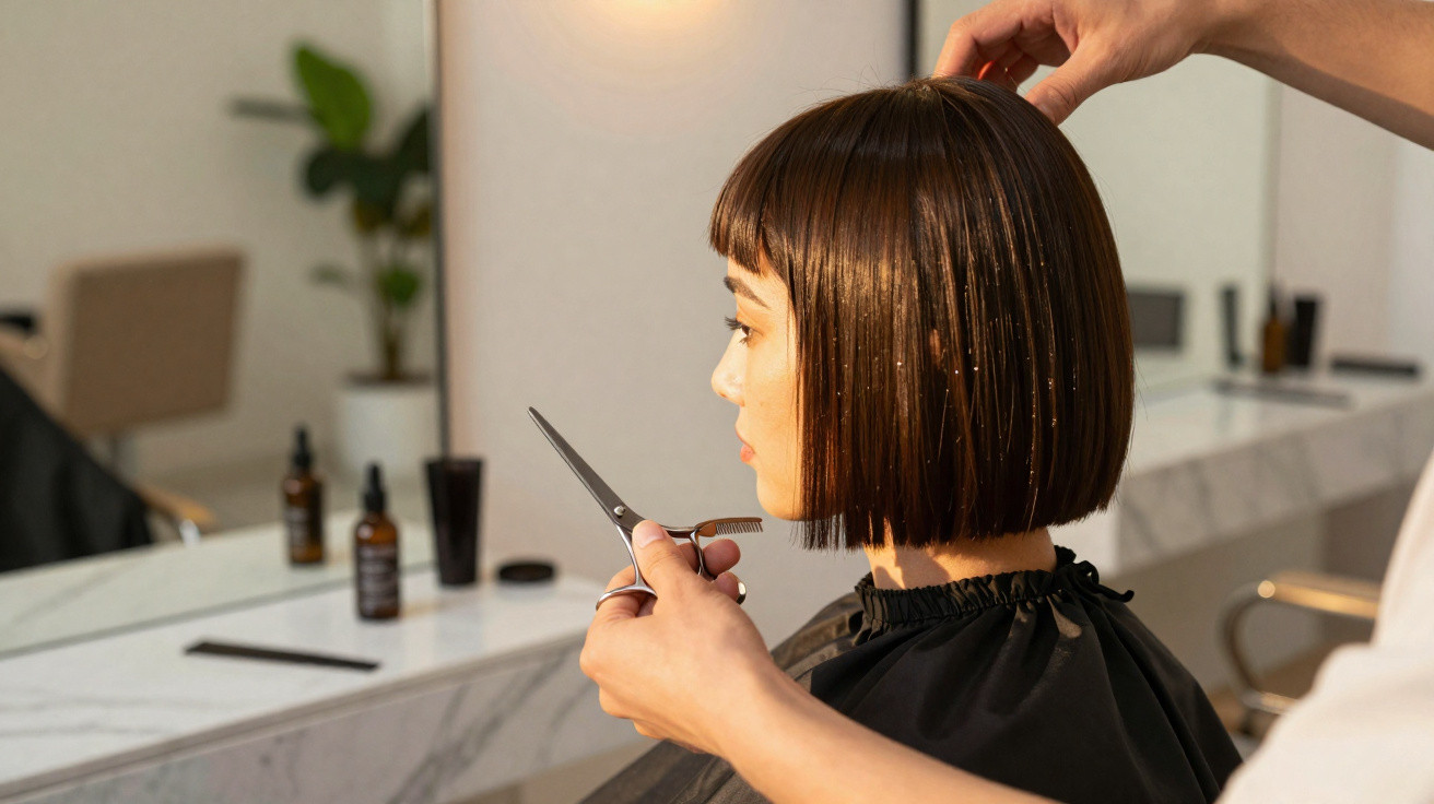 Cabeleireiro a aparar cabelo castanho curto de mulher em salão moderno com espelho e produtos.