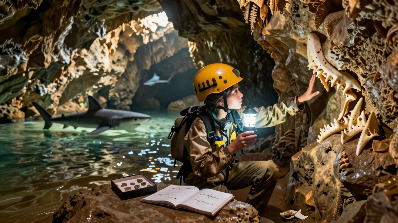 Exploradora com capacete e lanterna estuda fósseis numa caverna com água e tubarões ao fundo.