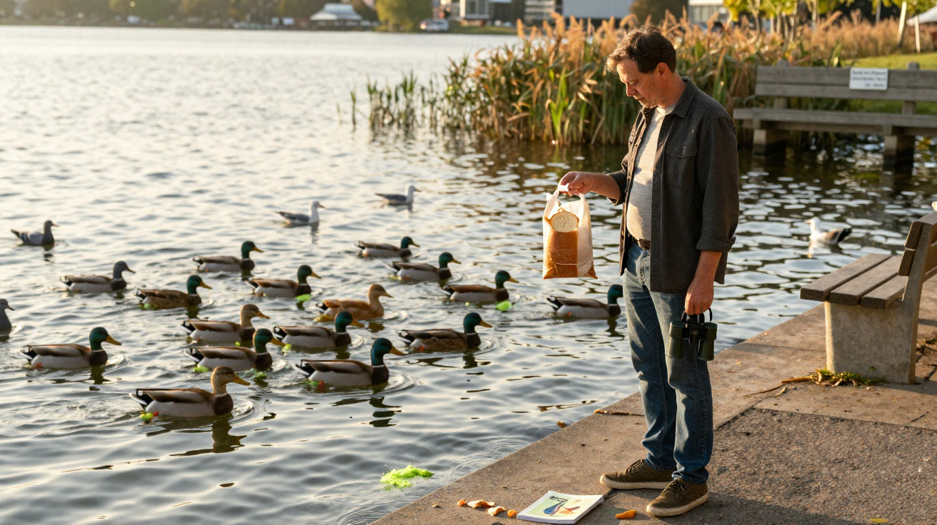Homem alimenta patos junto a um lago, segurando um saco com pão e binóculos, ao pôr do sol.
