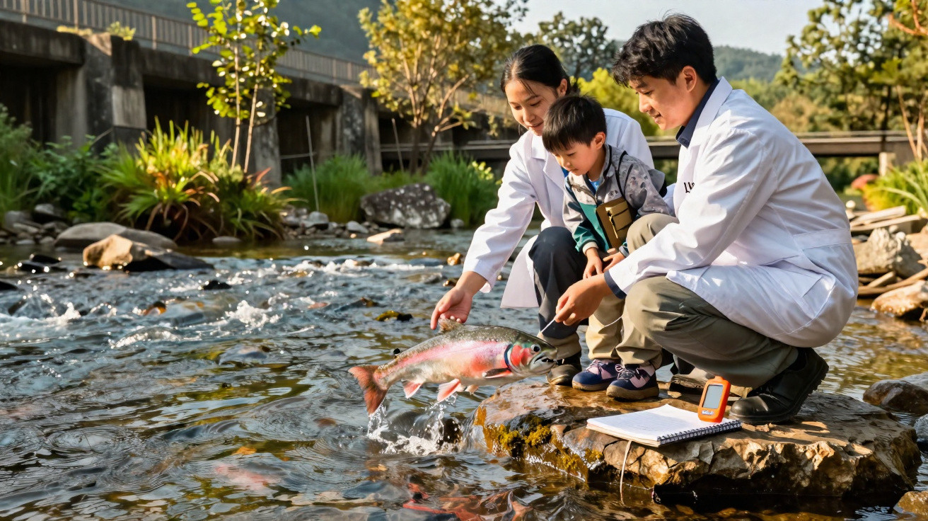 Três pessoas com bata branca observam e interagem com um peixe numa margem rochosa de um rio.