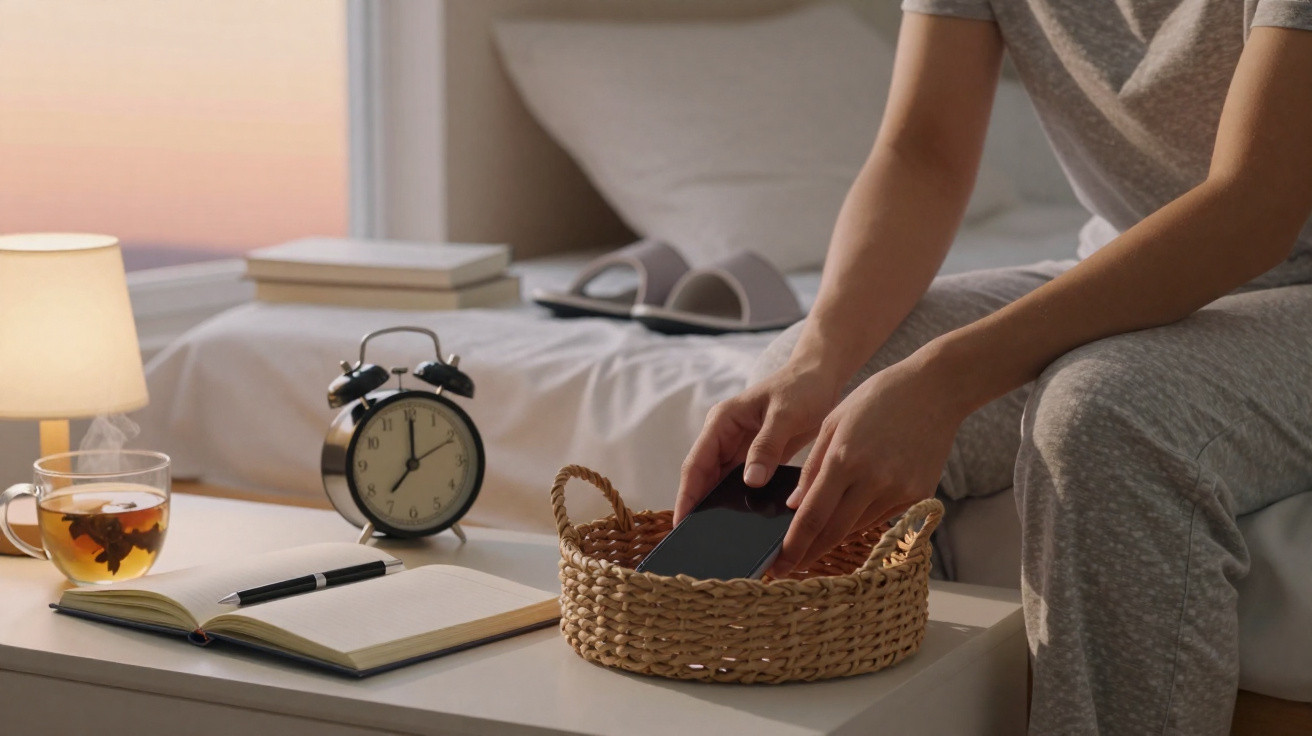 Pessoa a colocar telemóvel numa cesta de vime num quarto com chá, despertador e caderno sobre a mesa.
