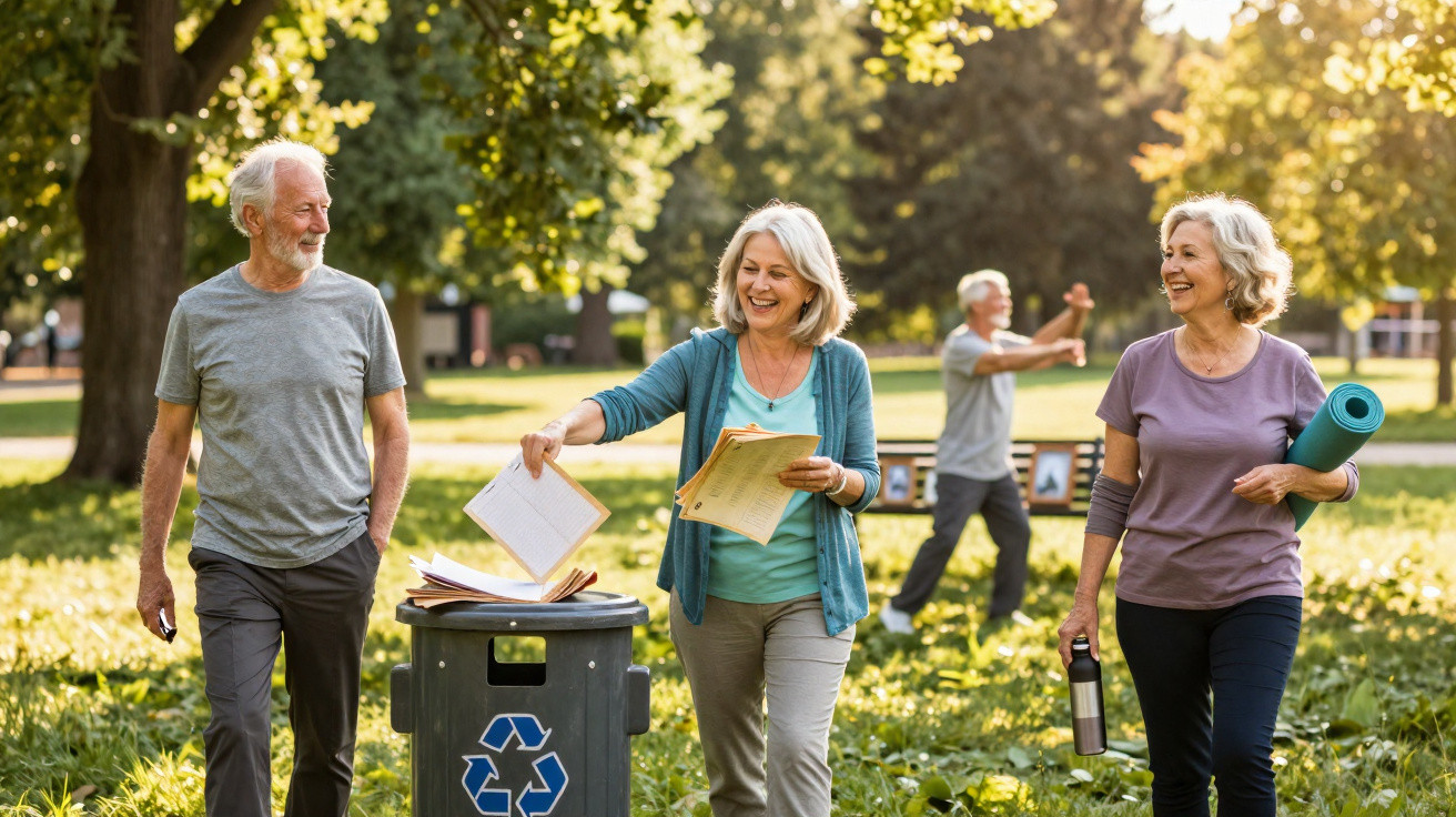 Grupo de idosos em parque a reciclar papéis, com homem a fazer exercício ao fundo.