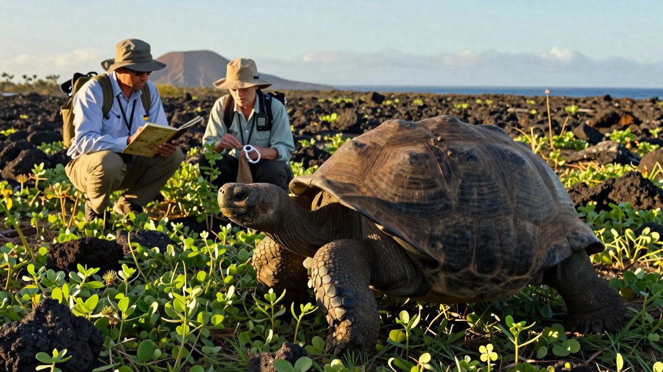 Tartaruga gigante numa paisagem rochosa com duas pessoas a observá-la e a tomar notas ao fundo.