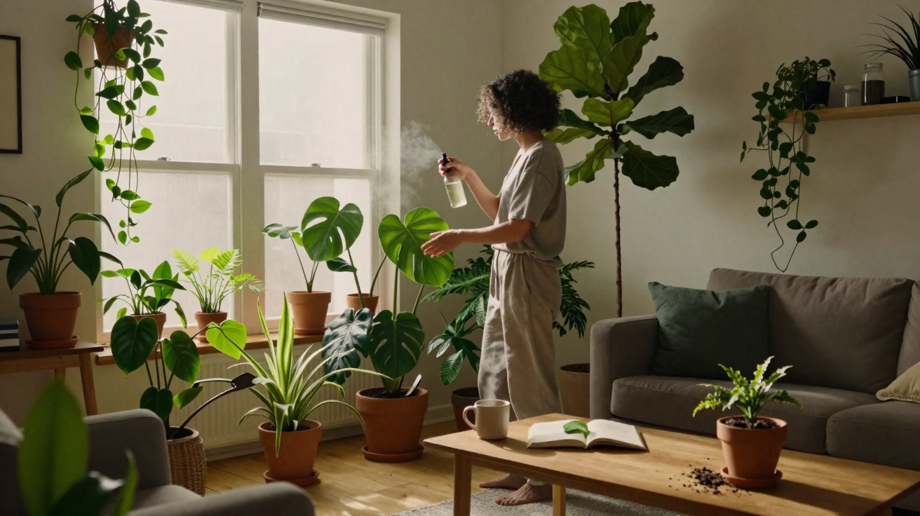 Pessoa a regar plantas de interior com pulverizador num ambiente caseiro iluminado e acolhedor.