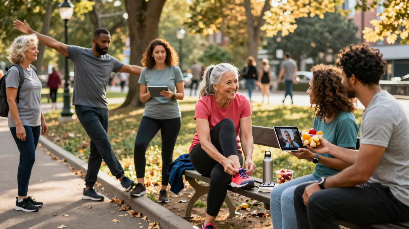 Grupo multicultural de pessoas a fazer exercício e socializar num parque com árvores de outono.