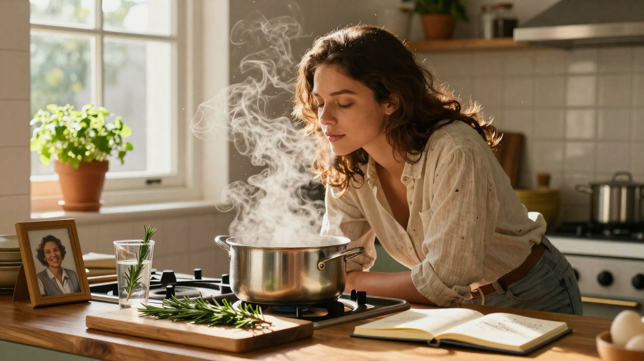 Mulher cheira o vapor de uma panela na cozinha iluminada, com plantas, livro aberto e foto na bancada.