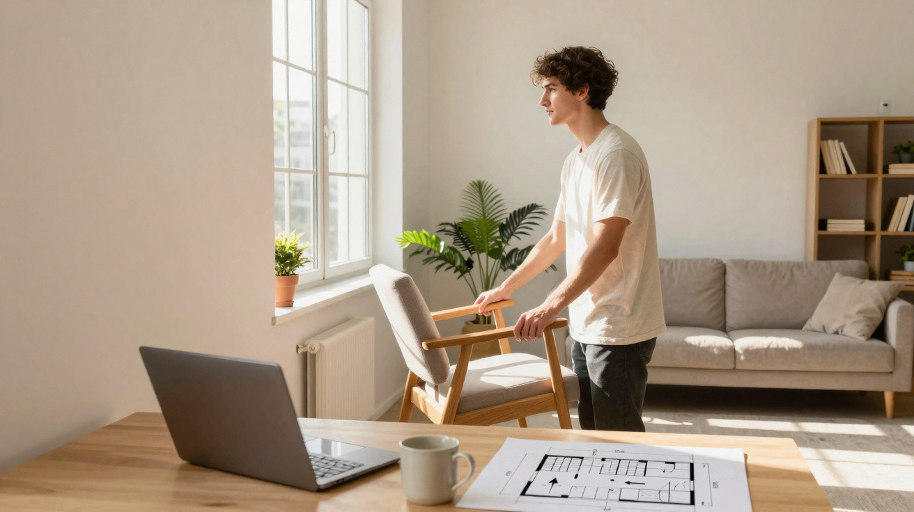 Homem jovem a reorganizar cadeiras numa sala luminosa com planta, laptop e plantas na janela.