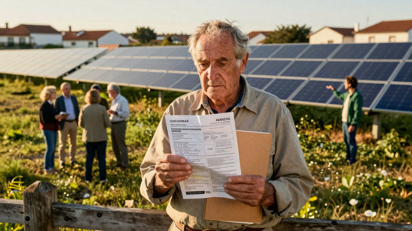 Homem idoso lê conta de energia junto a painéis solares com grupo de pessoas ao fundo num campo.