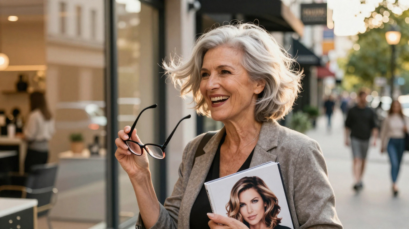 Mulher sénior sorridente com cabelo grisalho curto segura óculos e revista numa rua urbana.