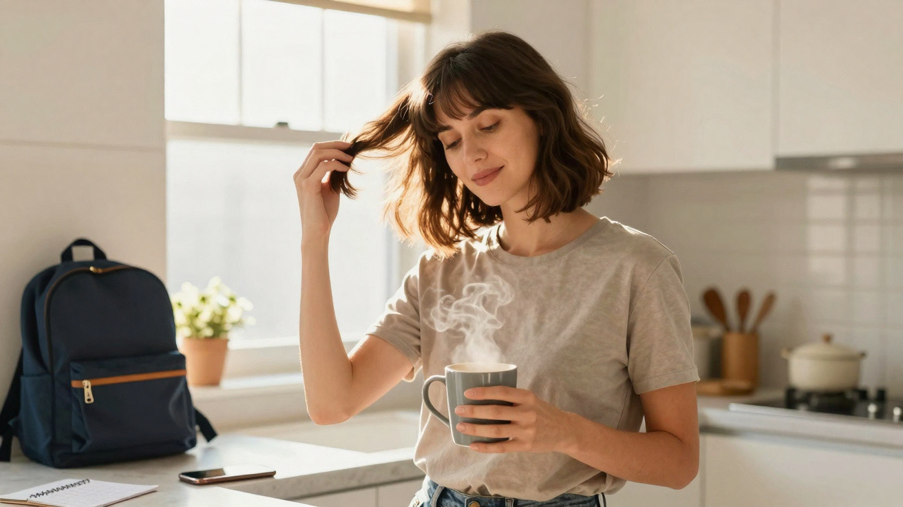 Mulher jovem com cabelo castanho claro segura caneca quente e mexe no cabelo numa cozinha iluminada.
