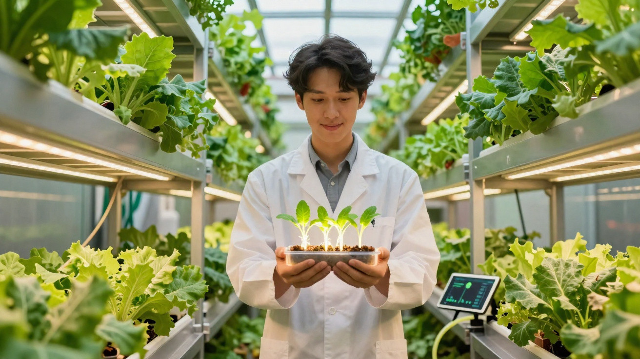 Jovem cientista em estufa segurando bandeja com plantas pequenas em ambiente controlado e iluminado.