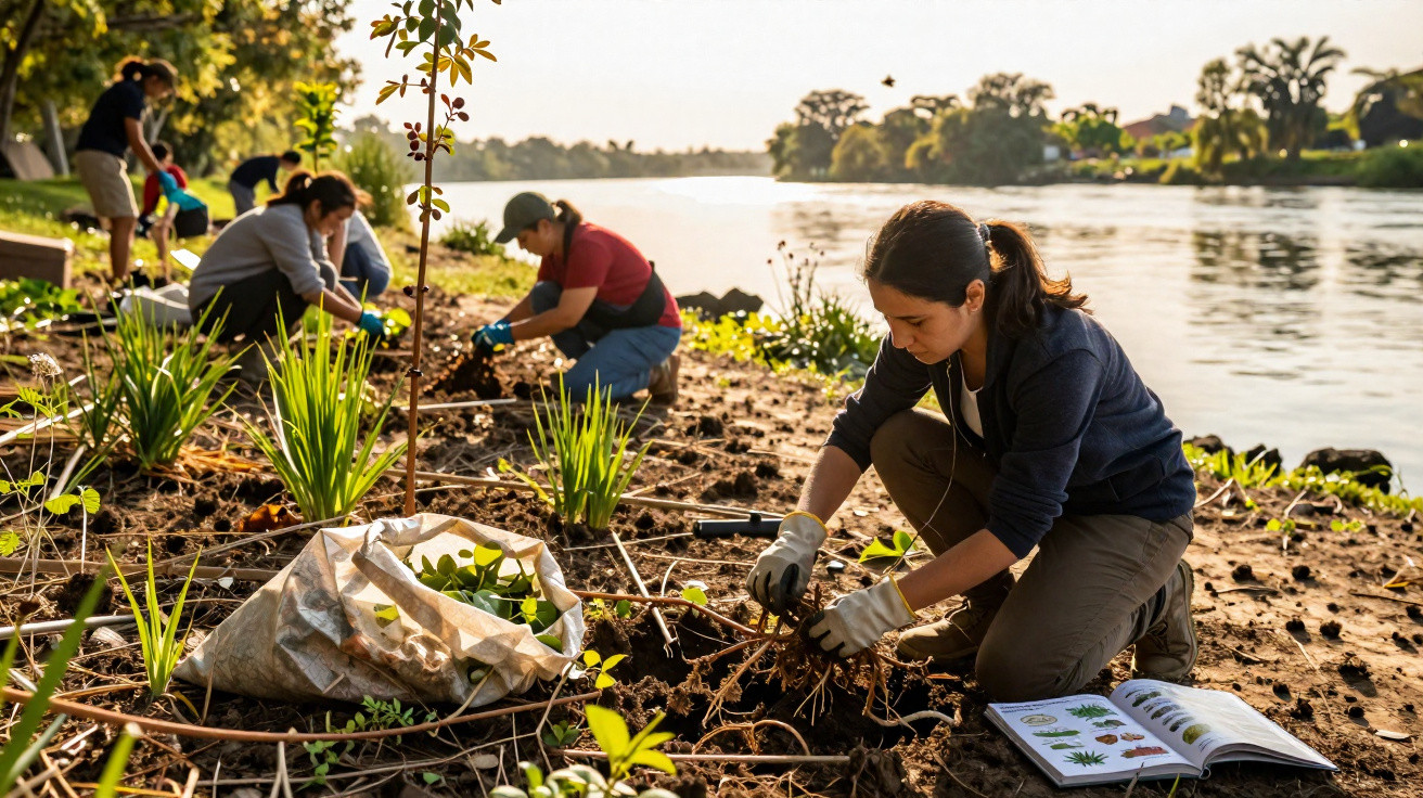 Grupo de pessoas a plantar árvores e plantas junto a um rio ao pôr do sol.