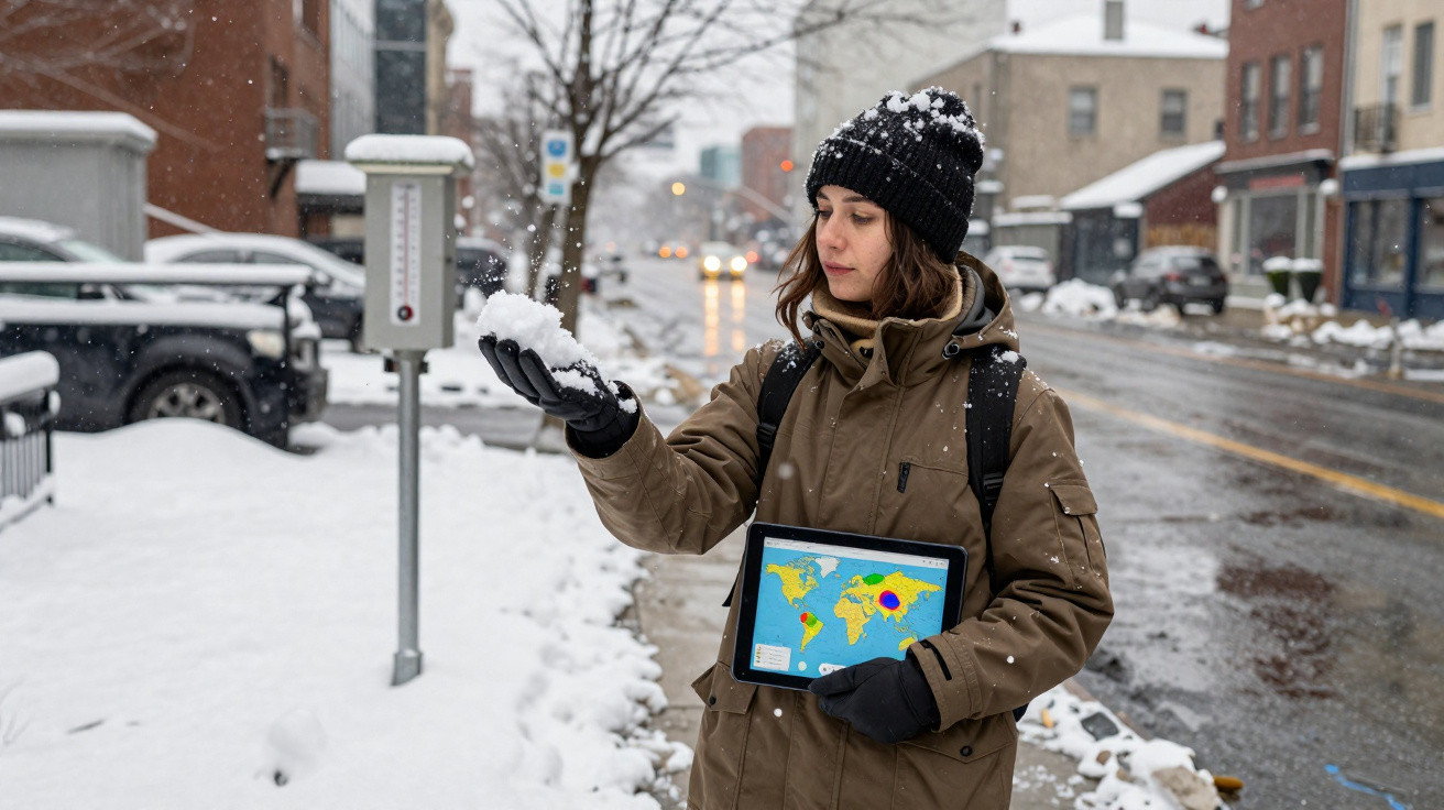 Mulher de casaco e gorro a tocar e observar neve na mão, segurando tablet com mapa-mundo, numa rua urbana com neve.