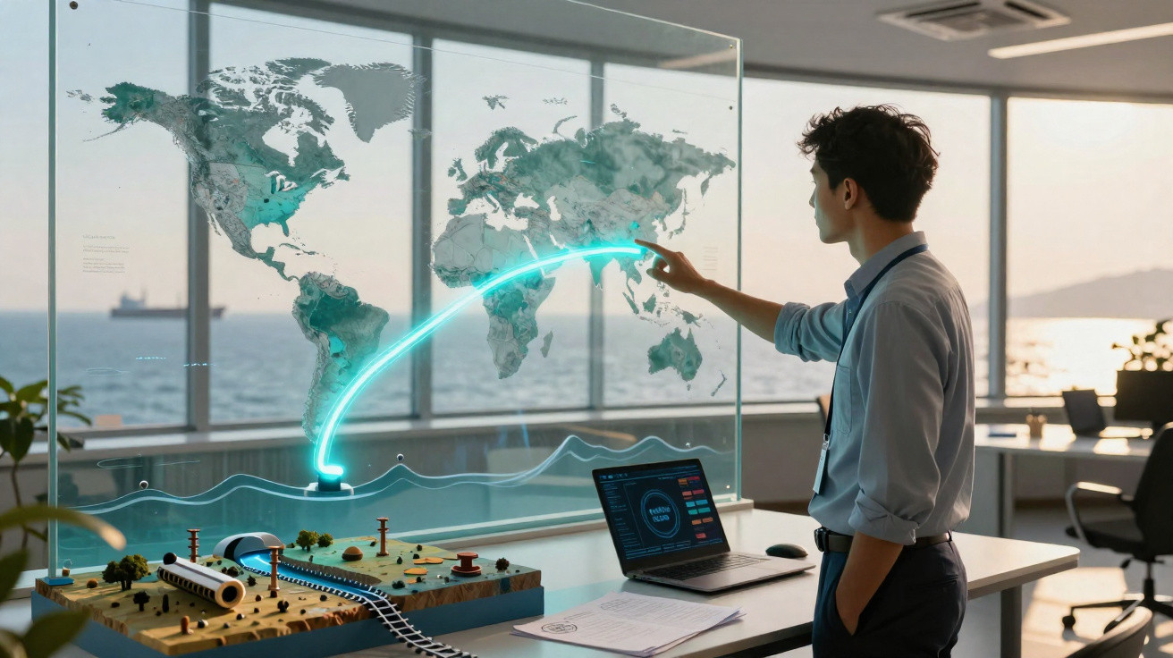 Homem interage com mapa mundial digital transparente num escritório com vista para o mar ao pôr do sol.