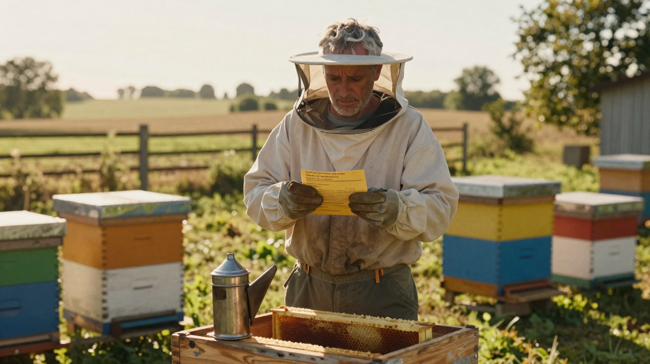 Apicultor vestido com roupa de proteção a ler instruções junto a colmeias numa área rural ao entardecer.